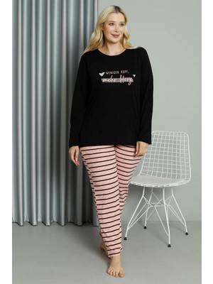 Moda Şahsenem Moda Kadın Büyük Beden Penye Uzun Kol Pijama Takım Siyah