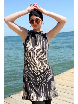 Moda Şahsenem Moda Sıfır Kol Leopar Yarım Tesettür Mayo Siyah