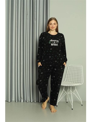 Moda Şahsenem Moda Polar Kadın Büyük Beden Pijama Takımı Siyah