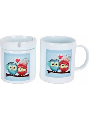 Aşık Baykuşlar Kupa Baykuş Seramik Küllük Hediye Seti