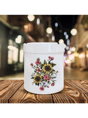 Kokusuz Sigara Küllüğü - Kokusuz Kül Tablası - Doğart Sanat Çiçek Deseni Baskılı Seramik Küllük