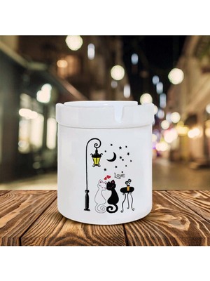 Çift Kedi Baskılı Seramik Şık Küllük