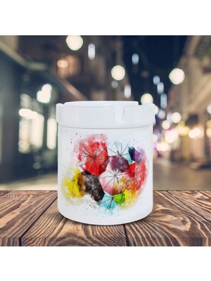 Kokusuz Sigara Küllüğü - Kokusuz Kül Tablası - Doğart Sanat Rengarenk Şemsiyeler Baskılı Küllük