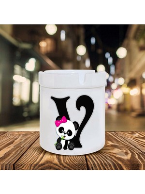 Panda Desenli V Harfi Baskılı Seramik Şık Küllük