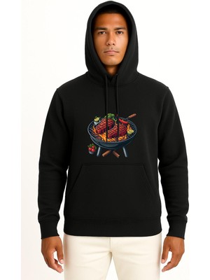 Bahriyeli Collection Kapüşonlu Izgara Üstünde Biftek Mangal Göğüs Baskılı Unisex Sweatshirt
