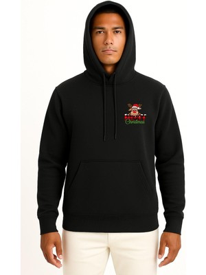 Bahriyeli Collection Kapüşonlu Merry Christmas Noel Geyiği Cep ve Sırt Baskılı Unisex Sweatshirt