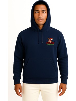 Bahriyeli Collection Kapüşonlu Merry Christmas Noel Geyiği Cep ve Sırt Baskılı Unisex Sweatshirt