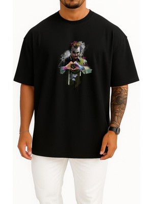 Bahriyeli Collection Oversize Joker Heath Ledger The Dark Knight Harley Quinn Batman Göğüs Tasarımlı Unisex T-Shirt