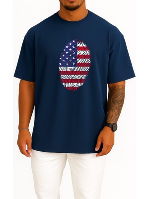 Bahriyeli Collection Oversize Amerika Birleşik Devletleri Parmak Izi Bayrak Göğüs Tasarımlı Unisex T-Shirt