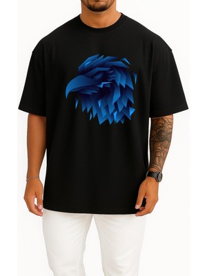 Bahriyeli Collection Oversize Mavi Animasyon Kartal Göğüs Tasarımlı Unisex T-Shirt