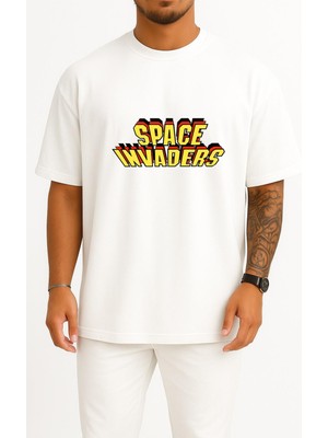 Bahriyeli Collection Oversize Space Invaders Video Game Göğüs Tasarımlı Unisex T-Shirt