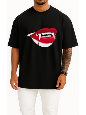 Bahriyeli Collection Oversize Dracula Vampire, Teeth Göğüs Tasarımlı Unisex T-Shirt