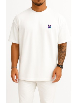 Bahriyeli Collection Oversize Kedi Kafası - Neon Cep ve Sırt Tasarımlı Unisex T-Shirt