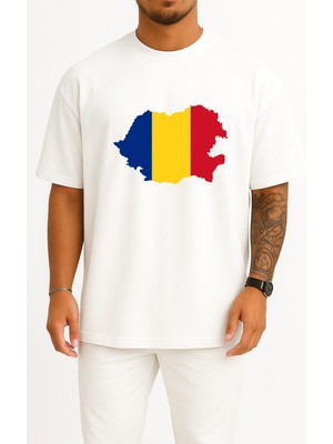 Bahriyeli Collection Oversize Flag Of Romania Göğüs Tasarımlı Unisex T-Shirt