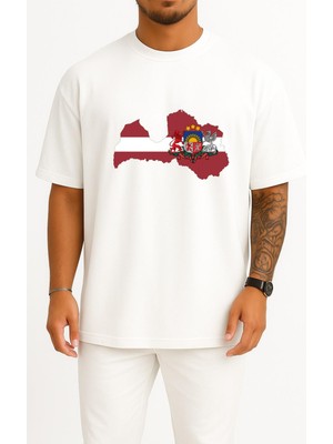 Bahriyeli Collection Oversize Latvia Map - Litvanya Haritası Göğüs Tasarımlı Unisex T-Shirt