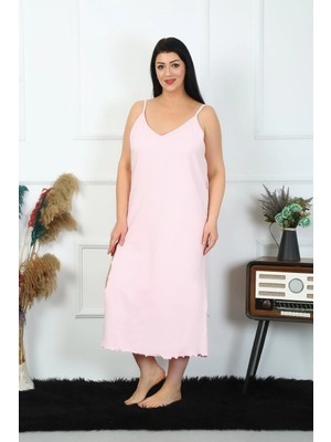 Moda Şahsenem Moda Kadın Büyük Beden Ip Askılı Pamuklu Pembe Uzun Gecelik