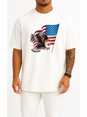 Bahriyeli Collection Oversize Flag Of United States And Eagle Göğüs Tasarımlı Unisex T-Shirt