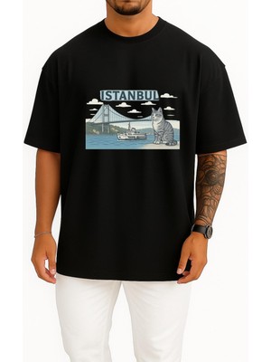 Bahriyeli Collection Oversize Istanbul - Kedi ve Boğaz Köprüsü Göğüs Tasarımlı Unisex T-Shirt