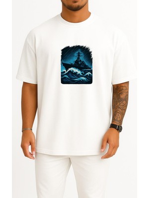 Bahriyeli Collection Oversize Fırtına Destroyer – Navy Wave Savaş Gemisi Göğüs Tasarımlı Unisex T-Shirt