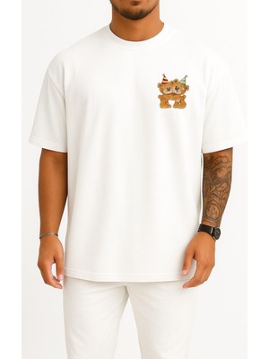 Bahriyeli Collection Oversize Teddy Bear Party Birthday Illustration Cep ve Sırt Tasarımlı Unisex T-Shirt