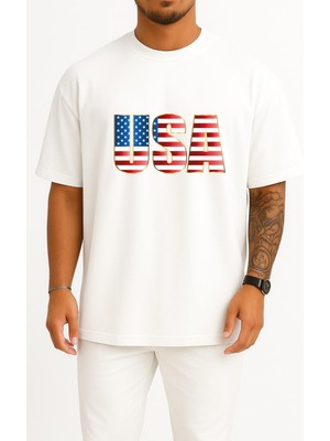Bahriyeli Collection Oversize United States Of America - Amerika Birleşik Devletleri Göğüs Tasarımlı Unisex T-Shirt