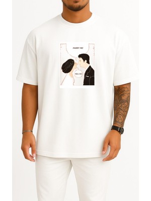 Bahriyeli Collection Oversize Benimle Evlen - Evet Evlenicem Göğüs Tasarımlı Unisex T-Shirt