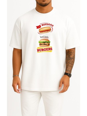 Bahriyeli Collection Oversize Sosisli ve Hamburger Illüstrasyon, Hamburger Fast Food Göğüs Tasarımlı Unisex T-Shirt