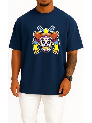 Bahriyeli Collection Oversize Mexican Cuisine Calavera Sticker Skull Decal Göğüs Tasarımlı Unisex T-Shirt