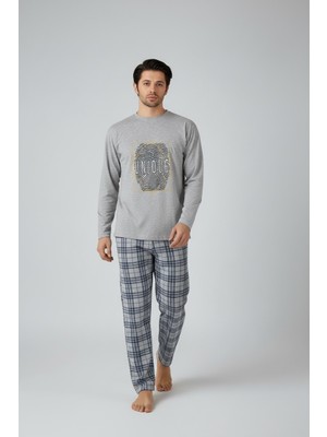 Lukitus Uzun Kol Sıfır Yaka Pamuklu Erkek Pijama Takımı