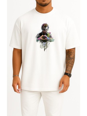 Bahriyeli Collection Oversize Joker Heath Ledger The Dark Knight Harley Quinn Batman Göğüs Tasarımlı Unisex T-Shirt