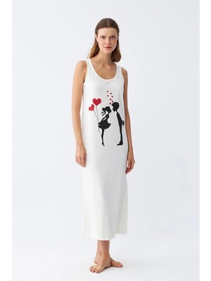 Moda Şahsenem Moda Kadın Kalın Askılı Penye Uzun Ekru Gecelik