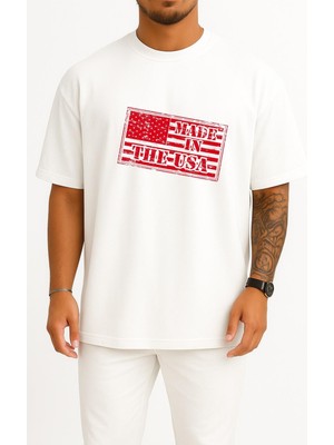 Bahriyeli Collection Oversize United States Rubber Stamp Drawing Göğüs Tasarımlı Unisex T-Shirt