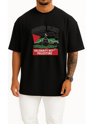 Bahriyeli Collection Oversize Sumud Fleet Göğüs Tasarımlı Unisex T-Shirt