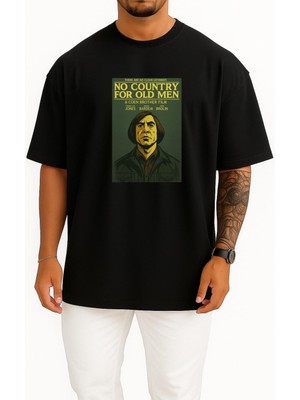 Bahriyeli Collection Oversize No Country For Old Men Göğüs Tasarımlı Unisex T-Shirt