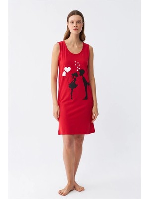 Moda Şahsenem Moda Kadın Kalın Askılı Penye Diz Üstü Kırmızı Gecelik