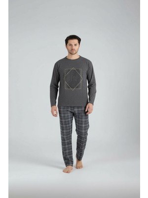 Lukitus Uzun Kol Sıfır Yaka Pamuklu Erkek Pijama Takımı