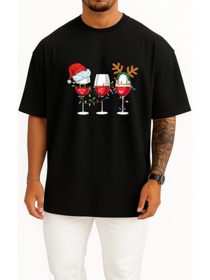 Bahriyeli Collection Oversize Yılbaşı Wine ve Şapka Göğüs Tasarımlı Unisex T-Shirt