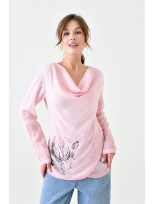 Mamayaga Kadın Degaye Yaka Geyik Baskılı Kalpli Taş Baskı Asimetrik Spor Şık Casual Curve Pudra Rengi Bluz