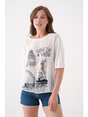 Mamayaga Kadın Bisiklet Yaka Kısa Kol Baskı Detaylı Spor Şık Curve Beli Lastikli Şifon Bluz