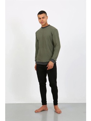 Moda Şahsenem Moda Erkek Uzun Kol Manşetli Paça Penye Pijama Takımı Haki