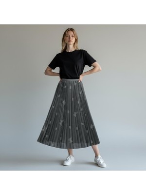 Eren Style Deri Görünümlü Kelebek ve Taş Detaylı Pileli Pamuklu Dokuma Viskon 4 Mevsim Etek(95 Cm)-(38-50)