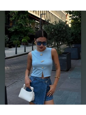 Mamayaga Kadın Bisiklet Yaka Önü Tokalı Kolsuz Spor Şık Crop Boy Bluz