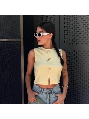 Mamayaga Kadın Bisiklet Yaka Önü Tokalı Kolsuz Spor Şık Crop Boy Bluz