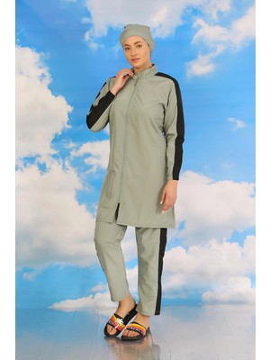 Moda Şahsenem Moda Kadın Pantolonlu Kolu Şeritli Tam Tesettür Mayo Su Yeşili