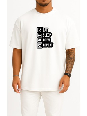 Bahriyeli Collection Oversize Ye Uyu Kamyon Sür Tekrar Et Göğüs Tasarımlı Unisex T-Shirt