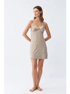 Moda Şahsenem Moda Kadın Penye Vizon Leopar Desenli Ip Askılı Gecelik