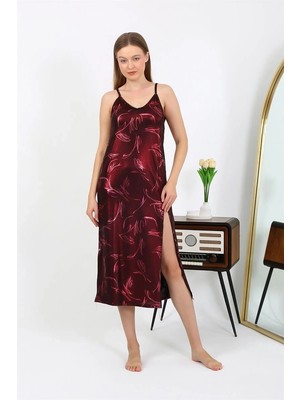 Moda Şahsenem Moda Kadın Ip Askılı Uzun Parlak Micro Elbise Gecelik Bordo