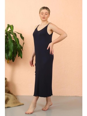 Moda Şahsenem Moda Kadın Ip Askılı Yırtmaçlı Uzun Lacivert Gecelik