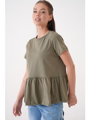 Mamayaga Kadın Bisiklet Yaka Yarım Kol Eteği Pileli Spor Şık Örme Rahat Kalıp Yazlık Bluz