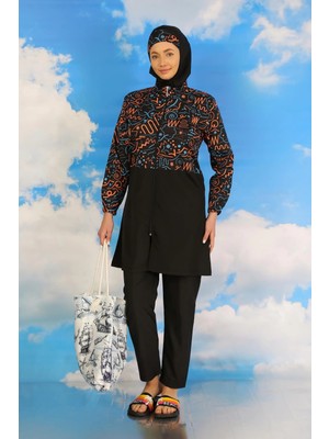 Moda Şahsenem Moda Kadın Pantolonlu Desenli Tam Tesettür Mayo Siyah